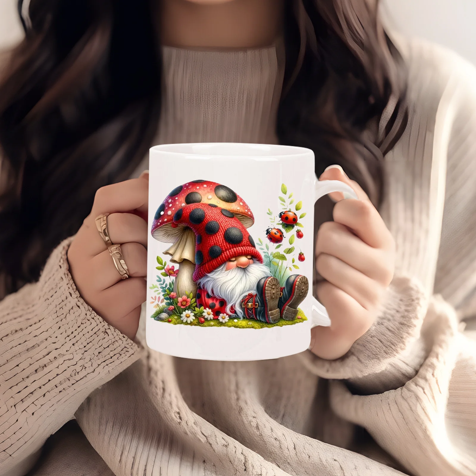 Cute Gnome Ceramic Mug - Adorable Mushroom and Ladybug Design, Perfect Gift for Coffee and Tea Lovers, Unique Novelty Present