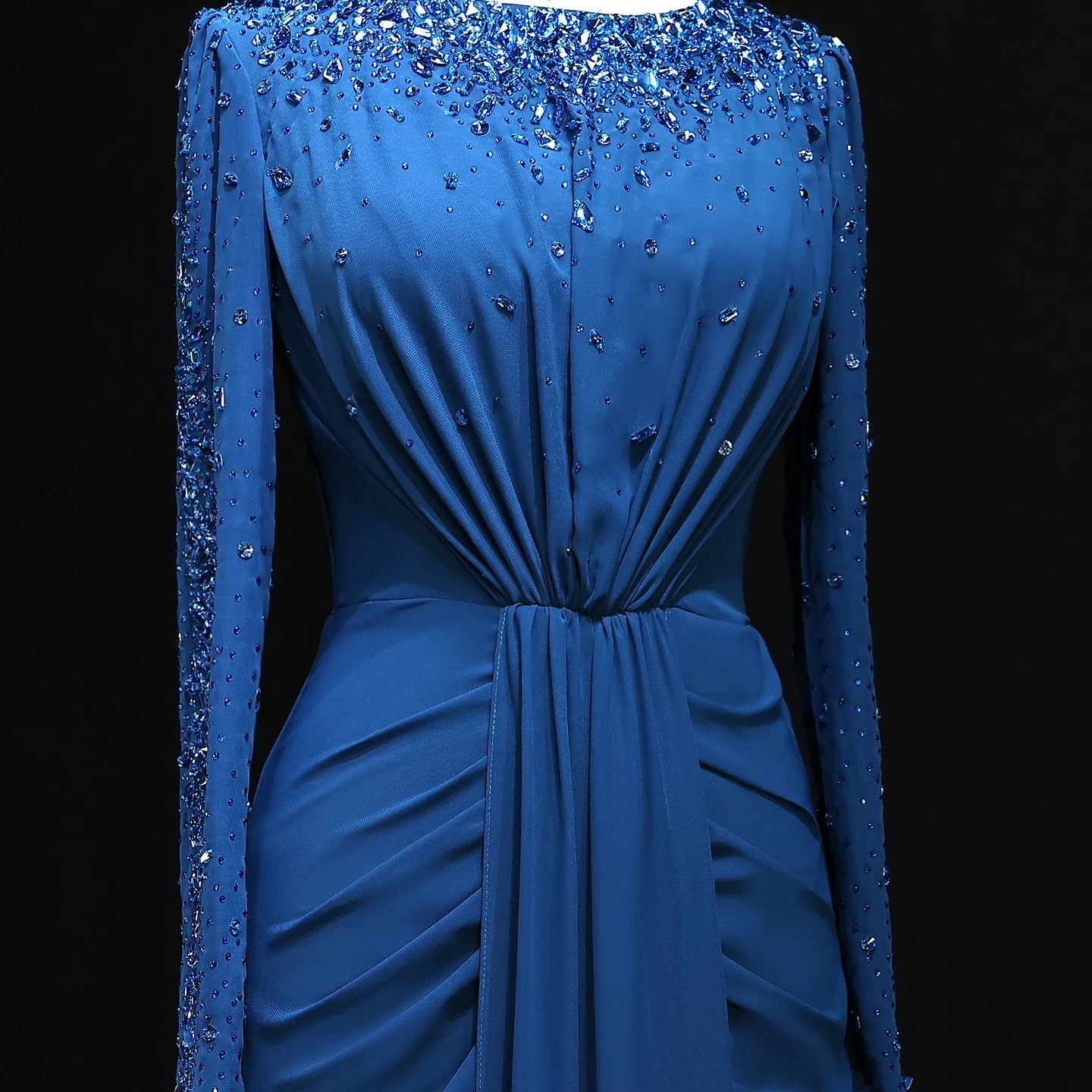 Sharon Said Turquoise avondjurk met lange mouwen zeemeermin kralen gedrapeerde Arabische formele feestjurken SS565 aangepast