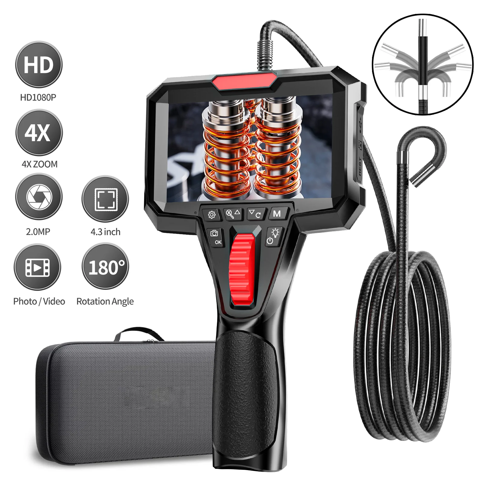 Articulating Borescope with 4.3\'\' Monitor 1080P 3.9MM HD Steerable Endoscope Camera  with Articulated Probe For Engine Inspect