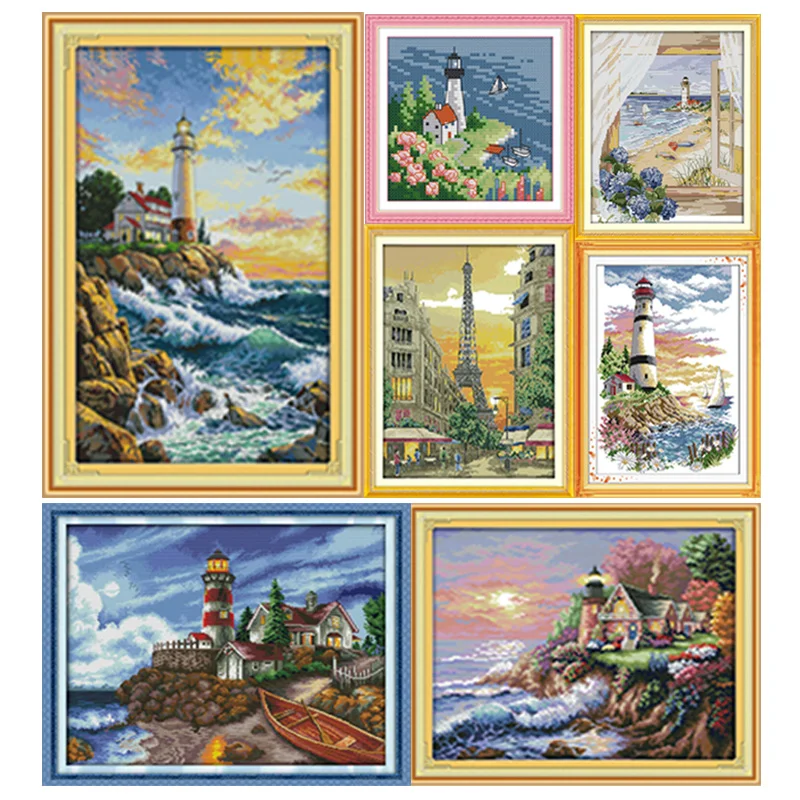 The Seaside Lighthouse Paintings Counted Unprinted On Canvas 14 11CT DMS Cross Stitch Pattern Embroider Kits DIY Needlework Sets