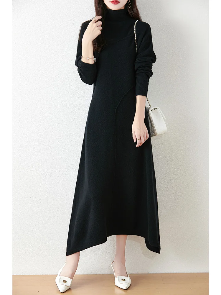 Women's Pure Wool Knitted Long Dress, Half Turtleneck, Irregular, Elegant, Casual, Fashionable, Sweater, 2024 Autumn/Winter