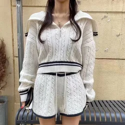 Women Ribbed Polo Neck Pullovers And High Waist Drawstring Shorts Set Two Pieces Casual Office Suit For Women Autumn Winter