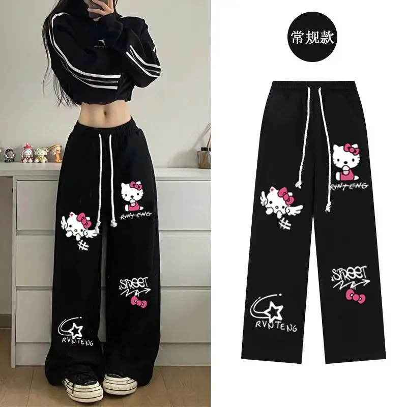 Sanrio American Retro Hello Kitty Printed Graffiti Casual Sports Pants Wide Leg Hip Hop Sweatpants Streetwear Women 2024 Summer image 5