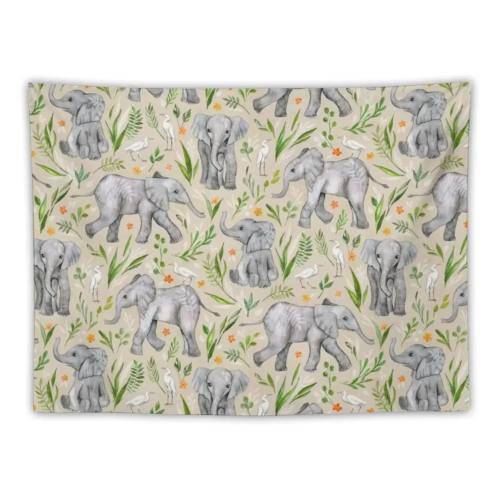 Baby Elephants and Egrets in Watercolor - neutral cream Tapestry Room Decorations Aesthetics Wall Coverings Tapestry