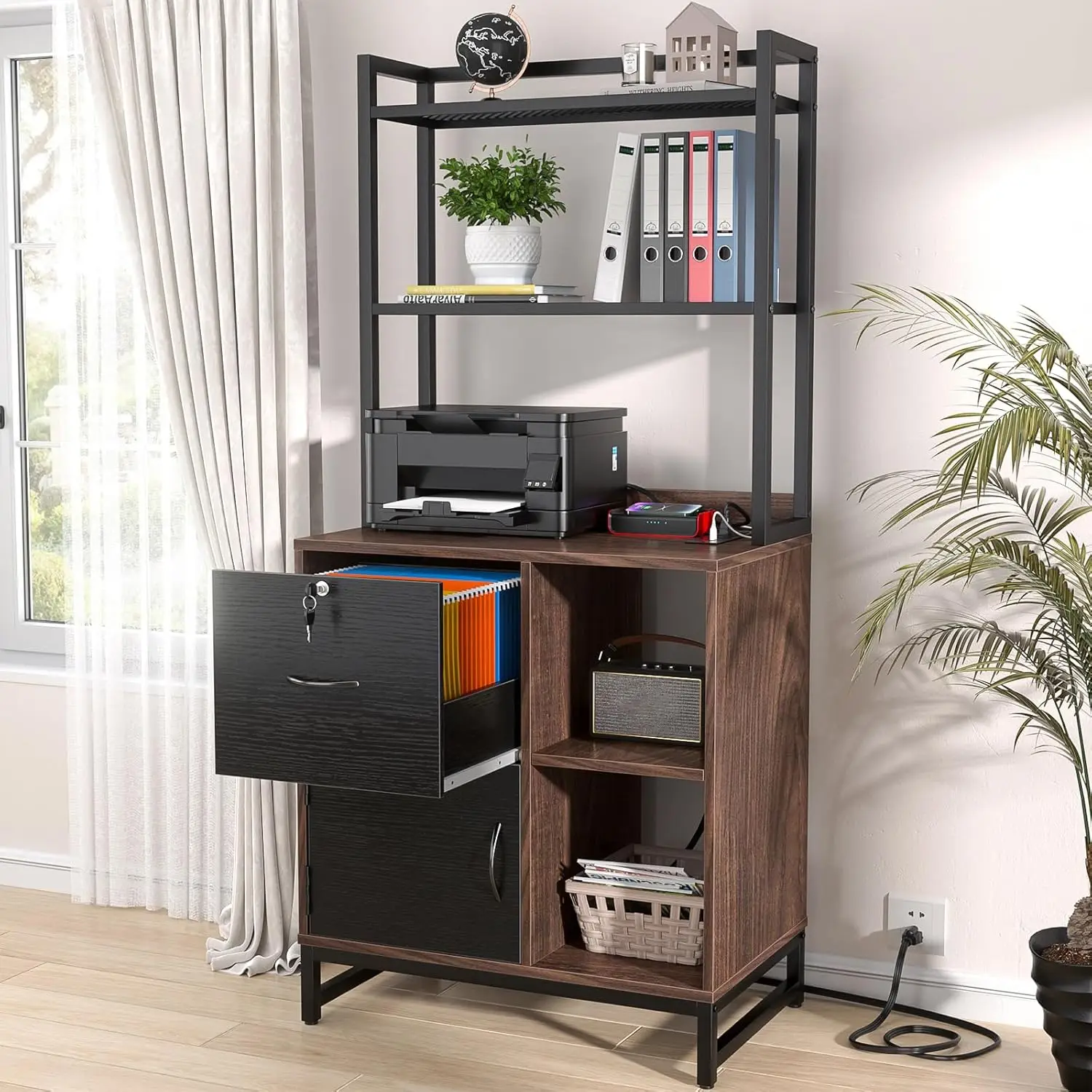 Vertical Filing Cabinet w/ Lock & Charging Station, Large Drawer Wood File Cabinet with Bookshelf, Printer Stand, Black & Brown