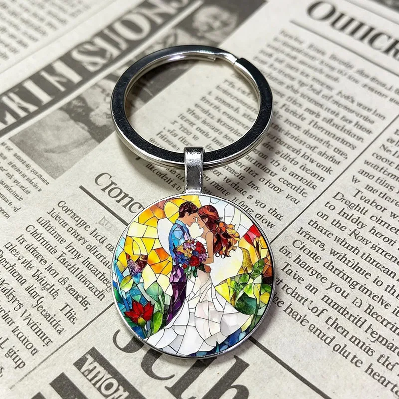 Whimsical Nature Wedding Autumn Scenery Stained Glass Keychain Ghost Gardener Bride Groom Key Accessory