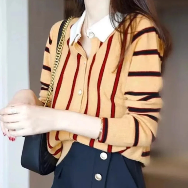 Spring Autumn Fashion Turn-down Collar Long Sleeve Striped Cardigan Women\'s Clothing Patchwork Loose Button Knitting Chic Tops