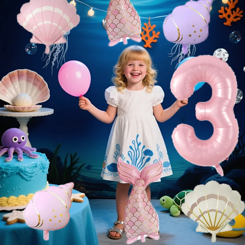 7pcs Ocean Mermaid Tail Shell Conch Balloon Set Pink 0-9 Number Foil Balloon Undersea Birthday Party Decor Baby Shower Supplies view 4