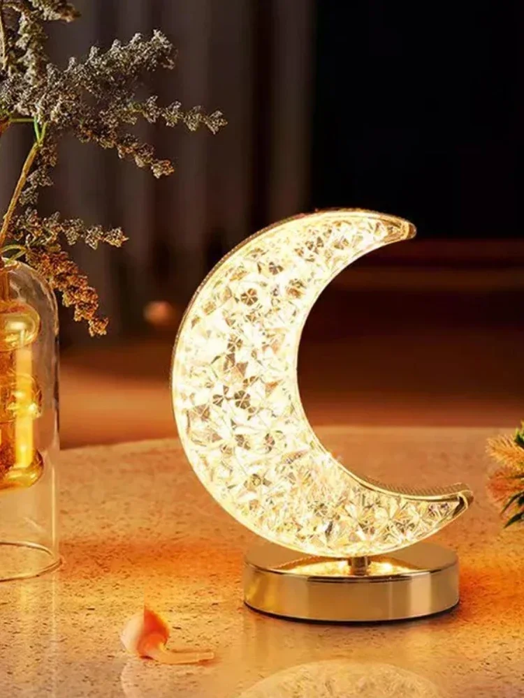 Lune étoile Led veilleuse Rechargeable lampe de Table en cristal interrupteur tactile réglable Ramadan décor de chambre ambiant 3D lune lampe Eid cadeau