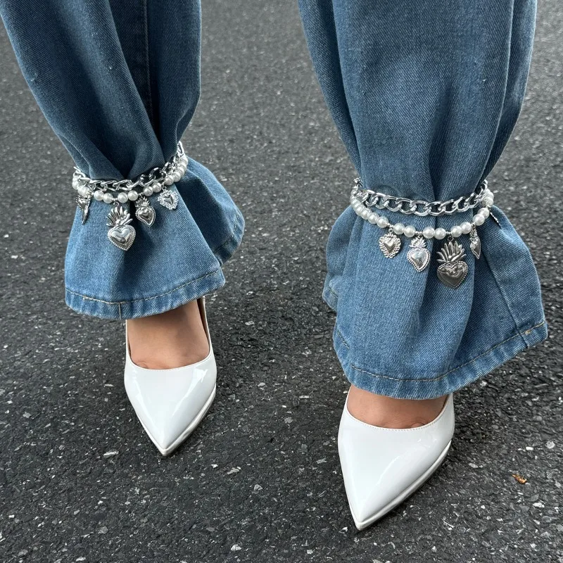 Europe and America Pearl Heart Pendant Metal Jeans Chain for Women Fashion Jewelry Minimalist Accessories Wholesale Party