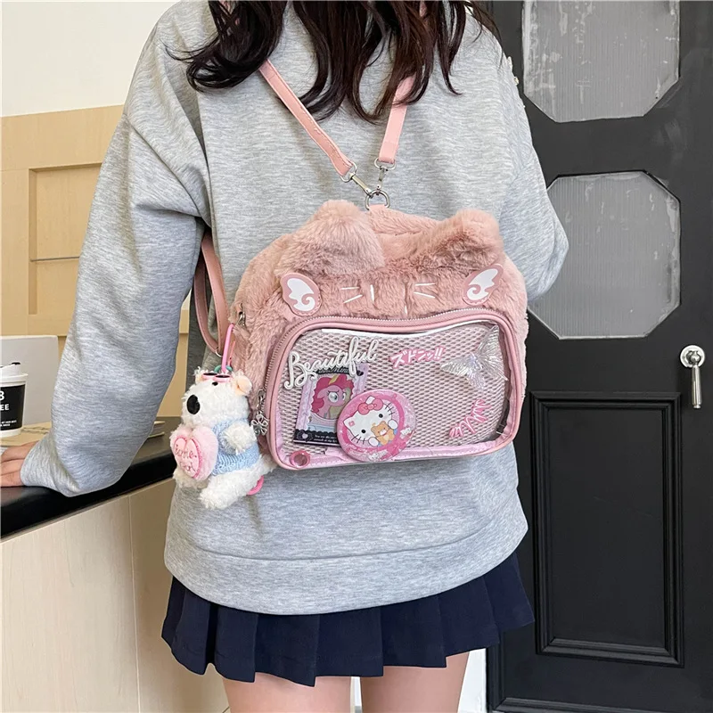 Plush Cat Womens Backpack Fluffy Cute Casual Transparent Ita Pouch Fashion Kawaii Jk Style Pu Bagbag Anime Double Shoulder Pouch