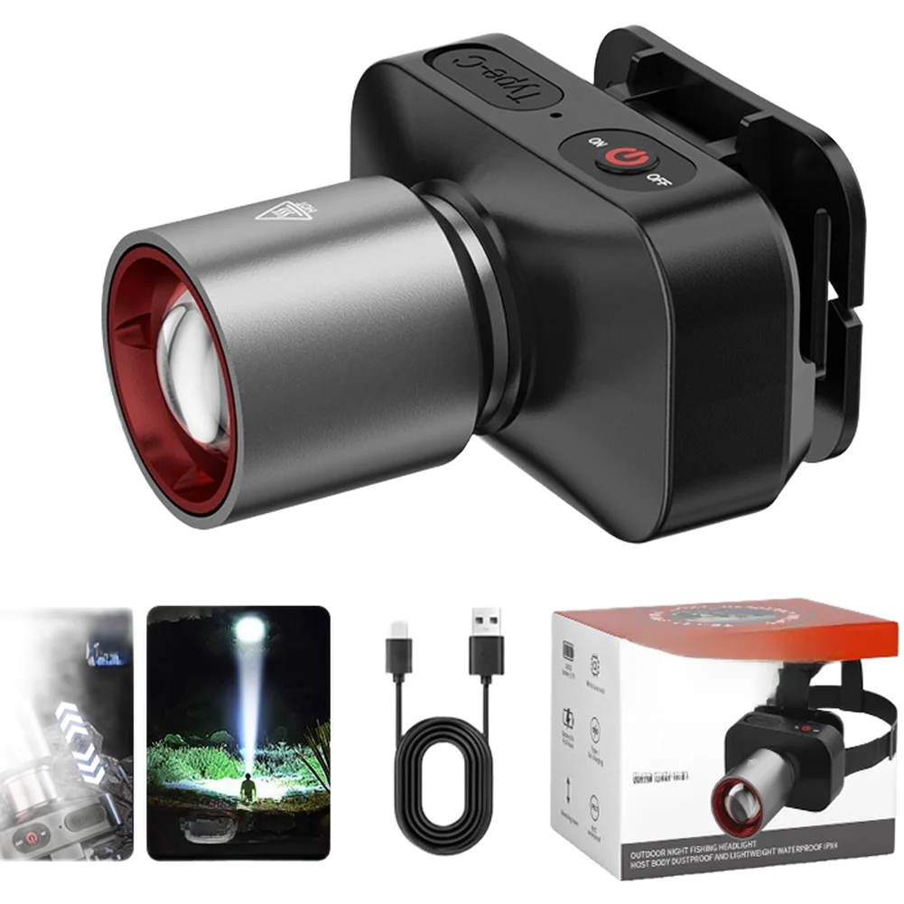 High Lumen LED Headlamp with Digital Display and Adjustable Focus Rechargeable 800mAh for Outdoor Exploration Type C Port