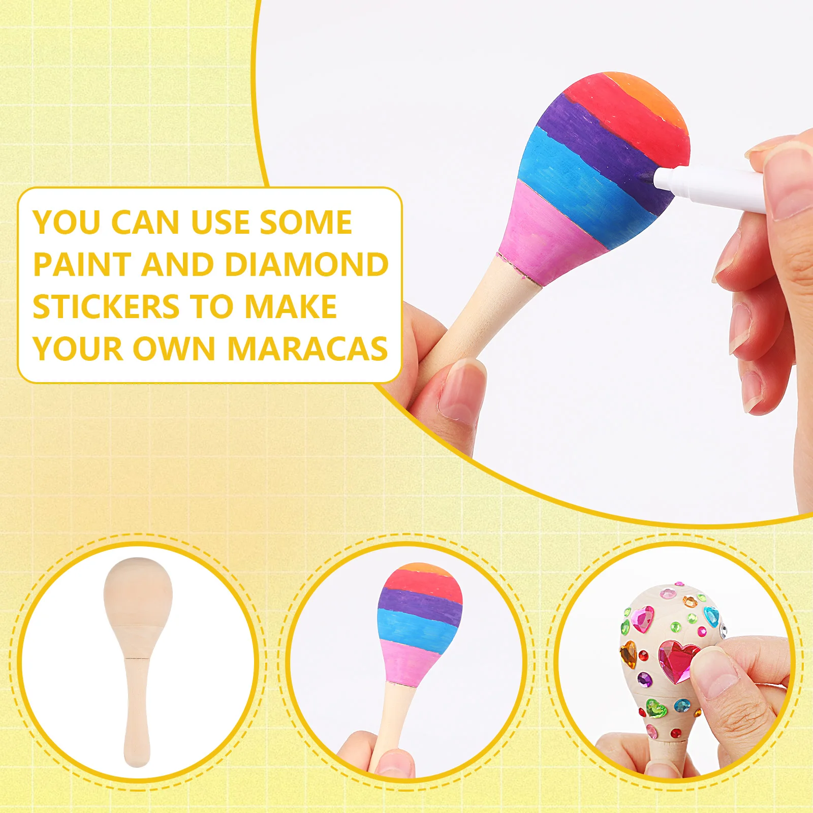 Maracas in legno da 30 pezzi per bambini, set fai da te con 24 penne colorate, strumenti musicali Maracas per Cinco De Mayo Fiesta messicana