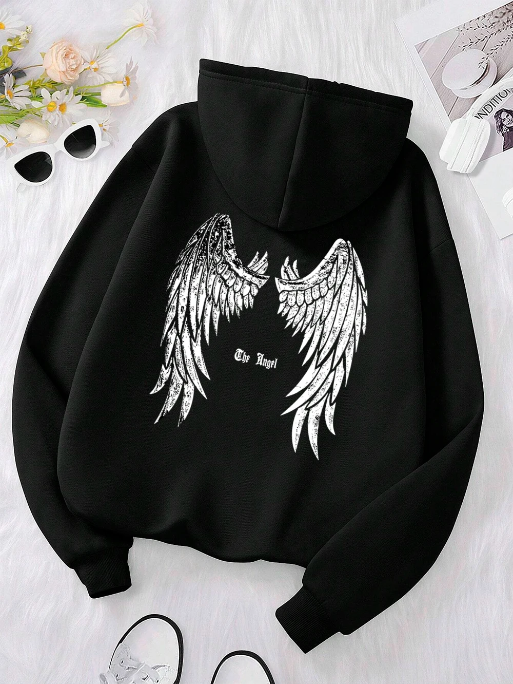 The Angel\'S Wings Printing Clothes Men Women Hip Hop Loose Hoodies Warm Crewneck Hoody Crewneck Pullover Streetwear Couple