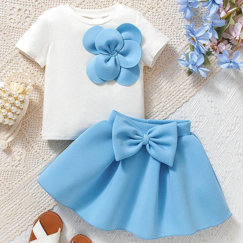 

Summer Toddler Girl Clothes Korean Fashion Blue Big Flower Short Sleeve Cotton Baby Tops+Bow Skirt Boutique Kids Clothing BC305
