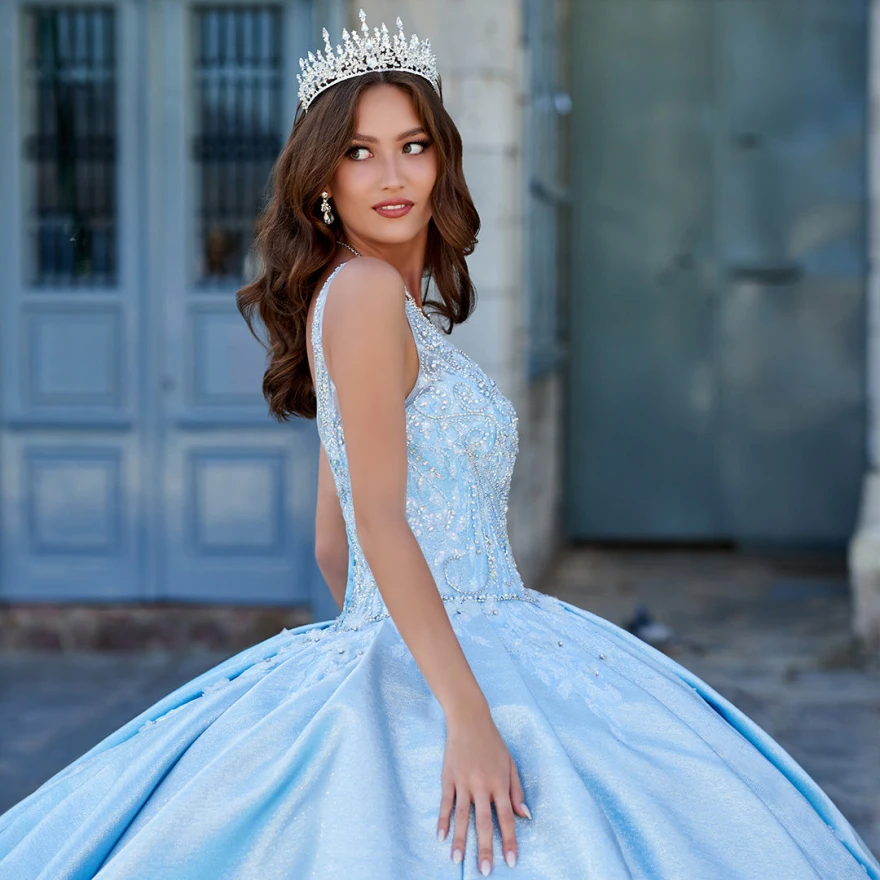 Angepasst Eis Blau Pailletten Quinceanera Kleider Ballkleid Perlen Applikationen Spitze Prinzessin Party Kleid Vestidos De 15 Jahre YQD36