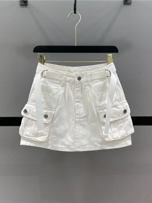 Pure Color Multi Pocket Short Skirt for Women Skin-friendly Breathable A-Line Polyester Blend Summer Fashion Ladies Skirt