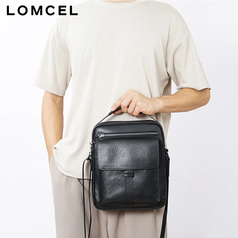LOMCEL 33 style men's single-shoulder bag   top layer of cowhide, vertical style, business-style cross-body bag, casual large
