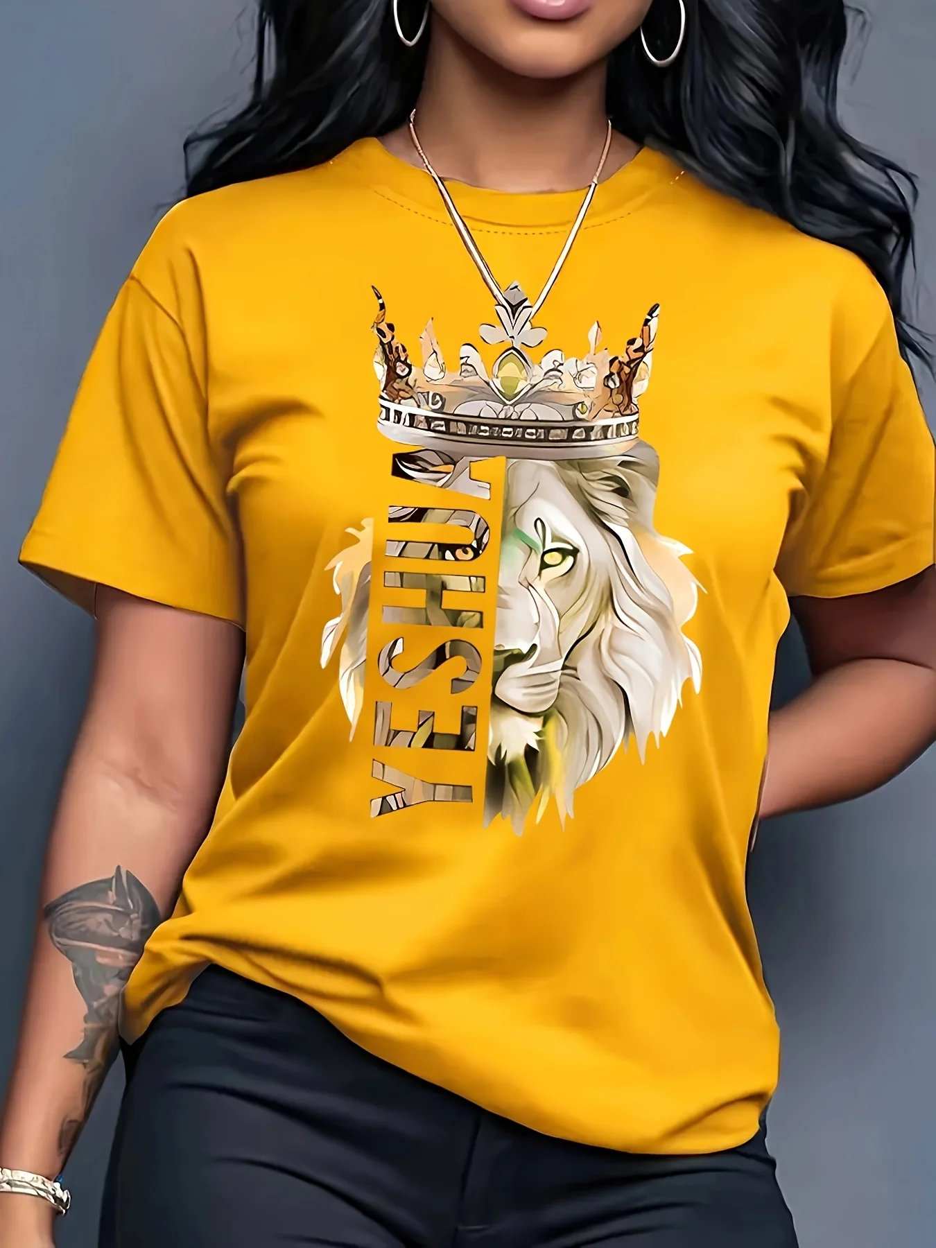Off on Blue Lion King Crown T-Shirt Casual Round Neck Short Sleeve Top Fashion Harajuku Kawaii T-shirt Women's Y2K Clothing ﻿