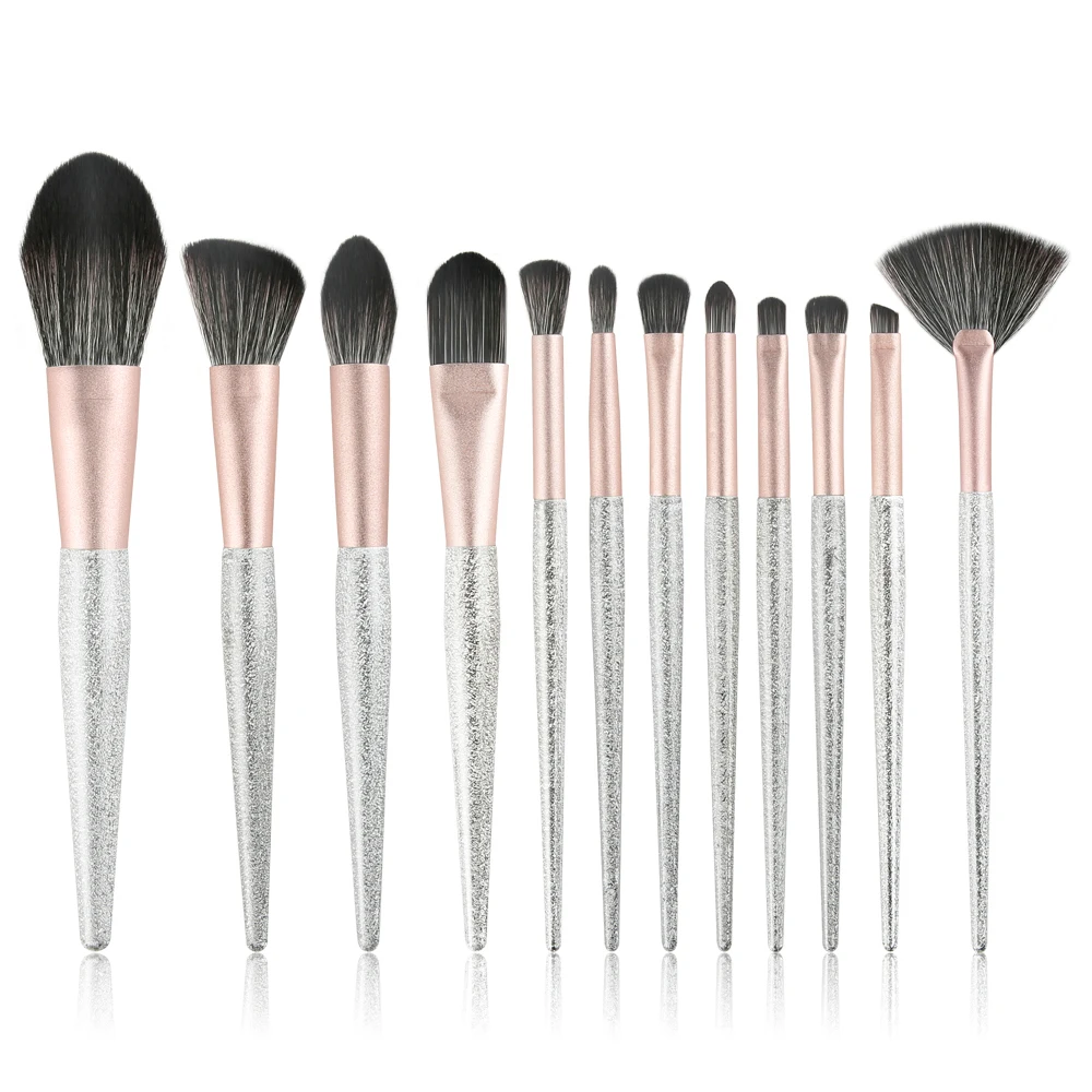 Vegan 3D Silver Makeup Brush Set 12Pcs Foundation Powder Eye Shadow Blending Tool Private Label Custom Logo Wholesale