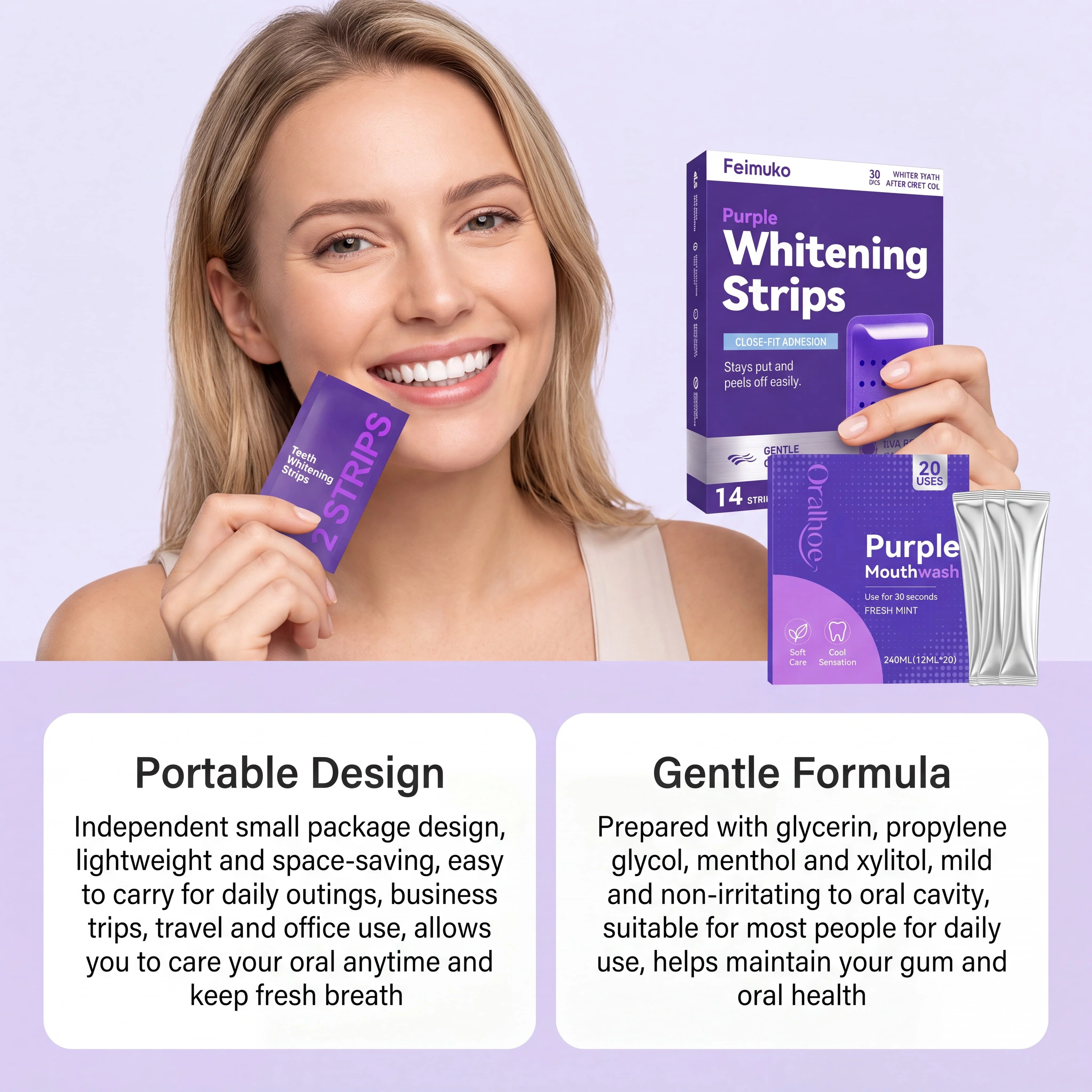 Purple Teeth Brightening Strips Mouthwash Fresh Breath Gentle Oral Hygiene Cleaning Care Tooth Sticker Stain Remover Dental Kit