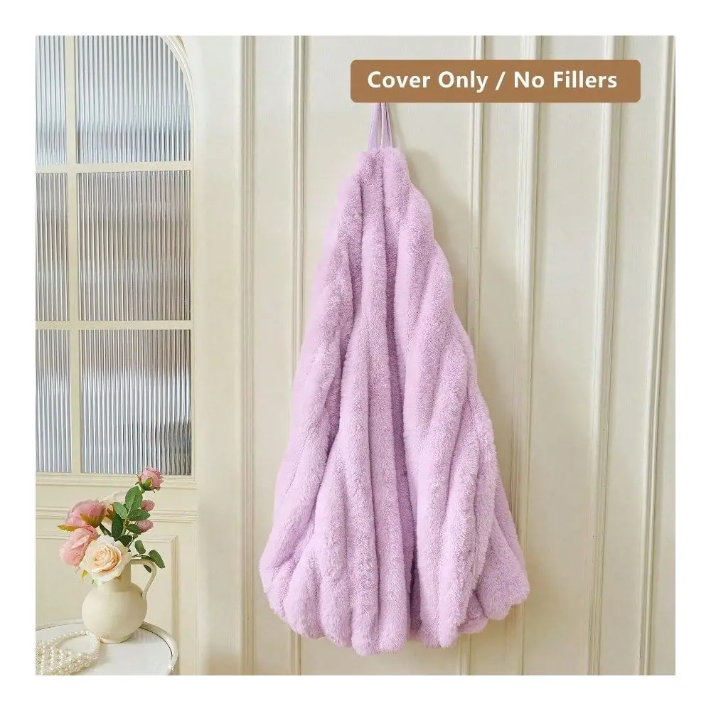 Faux Rabbit Fur Bean Bag Cover Filling Not Included Soft, IvoryColored, LongPile, WideStriped Plush Storage Bean Bag RibbedText