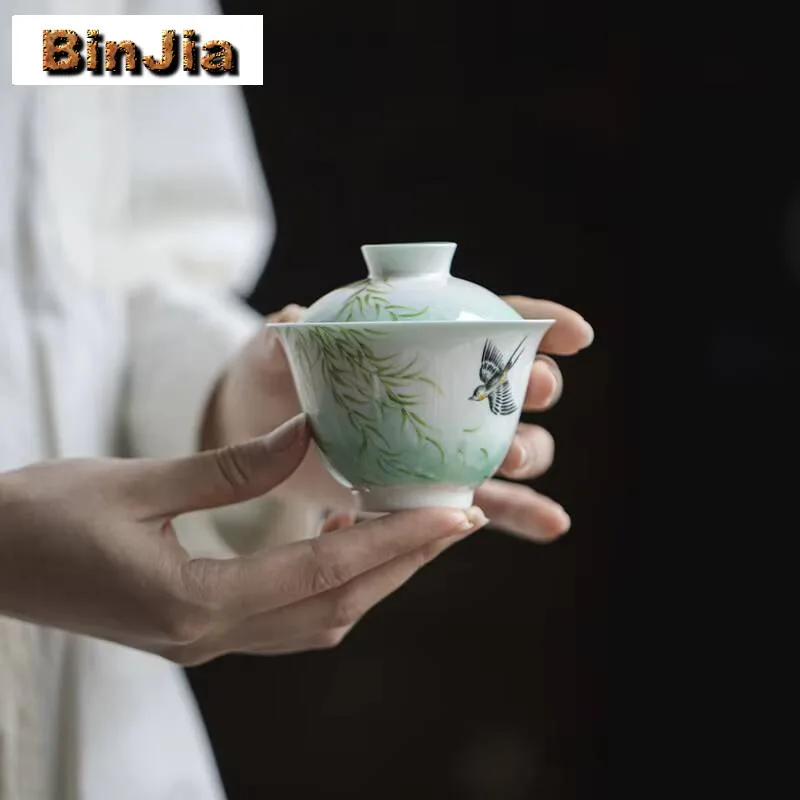 125Ml Hand-Painted Swallow Willow Gaiwan Elegant Turquoise Green Jade Clay Tea Tureen Brewing Cover Bowl Teaset Decoration
