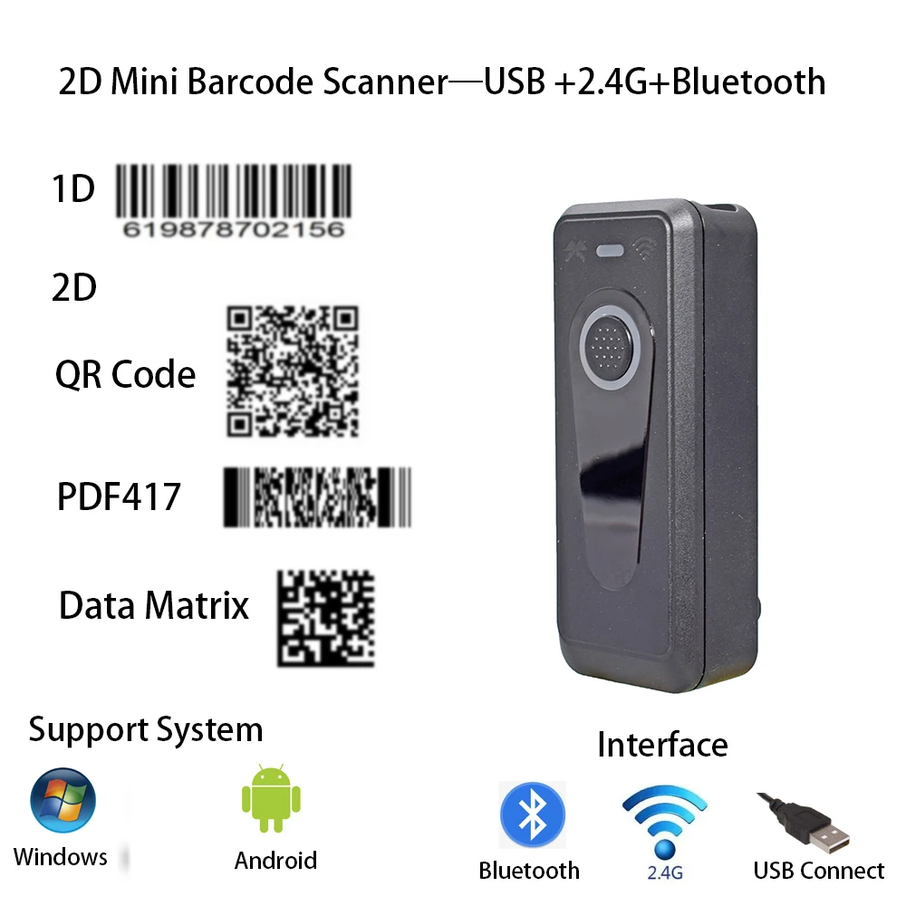 Portable Small Handheld Wireless Barcode Scanner and Bluetooth 1D/2D QR Barcode Reader for Android IPAD