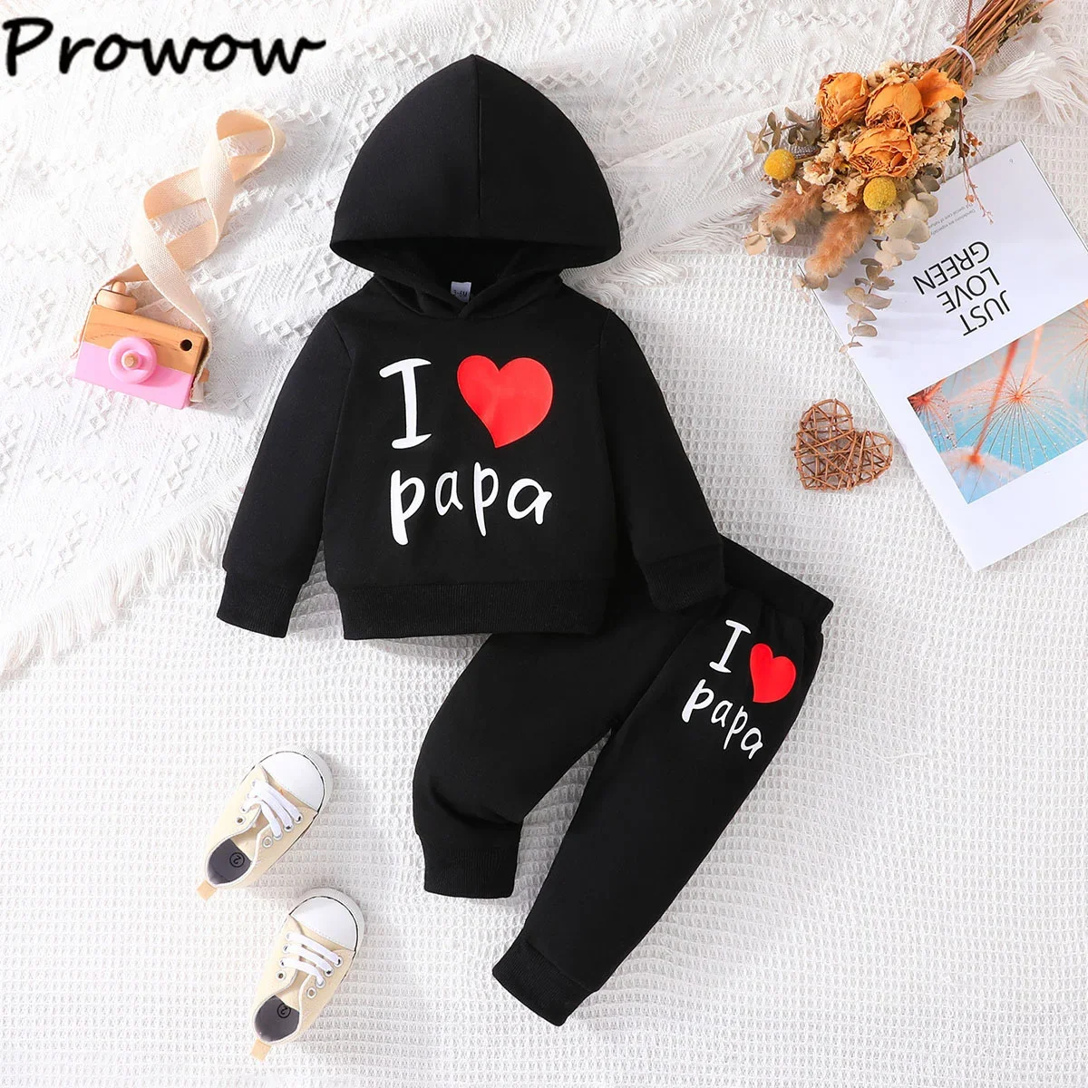 Prowow Baby Boys Girls Clothes 2024 Fall Winter Letter “I Love Papa ”Heart Hoodies and Pants Newborns Toddler Outfits Sets