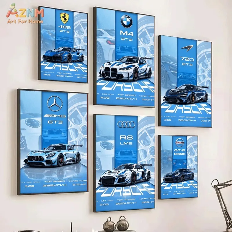 Unframed Supercar Canvas Wall Art Ferrari 488 GT3 BMW M4 GT3 McLaren 720 GT3 Audi R8 LMS Poster Man Cave Decor Gift For Car Love