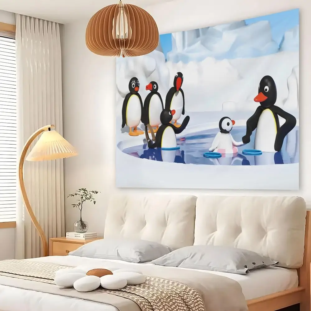 Cute Cartoon P-Pingu Tapestry Custom Living Bedroom Party Dormitory Interior Wall Bohemian Decoration Attached Clip