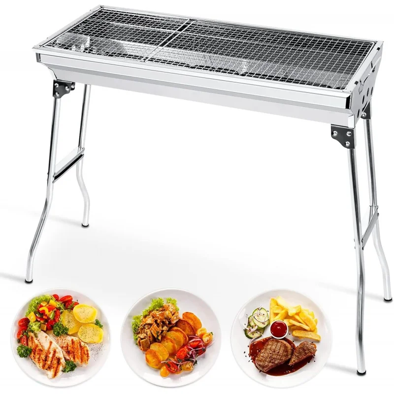 Portable Charcoal Grill, Stainless Steel Folding BBQ Grill and Smoker, Barbecue Grill for Outdoor Cooking Camping Hiking