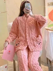 2023 New Pajamas Women Autumn Winter Coral Velvet Home Wear Plush Thick Flannel Loungewear V-neck Warm Cute Loose Sleepwear