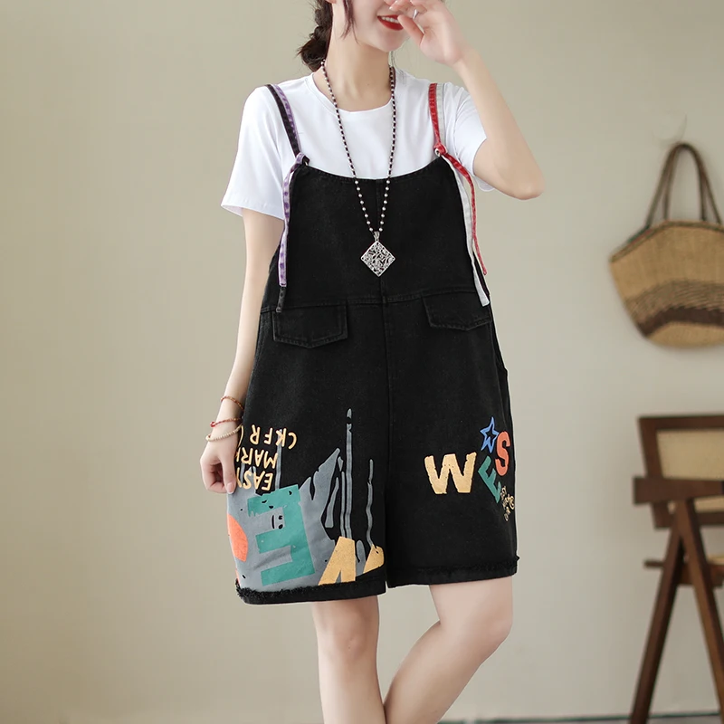 Macacão de camisola jeans com estampa de graffiti personalizado para mulheres no verão calças soltas de cinco quartos de grandes dimensões macacões de emagrecimento