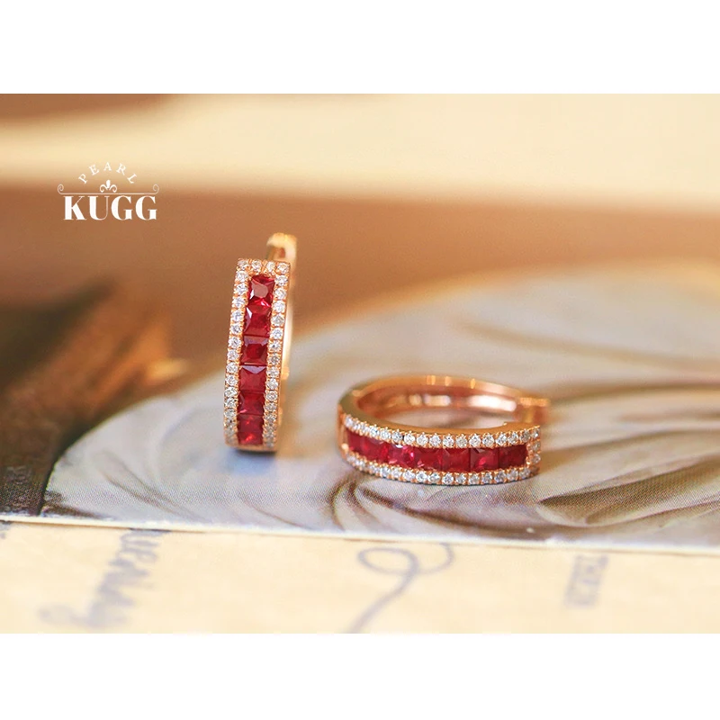 

KUGG 100% 18K Rose Gold Earrings Fashion Classic Design Shiny Diamond Natural Ruby Hoop Earrings for Women High Wedding Jewelry