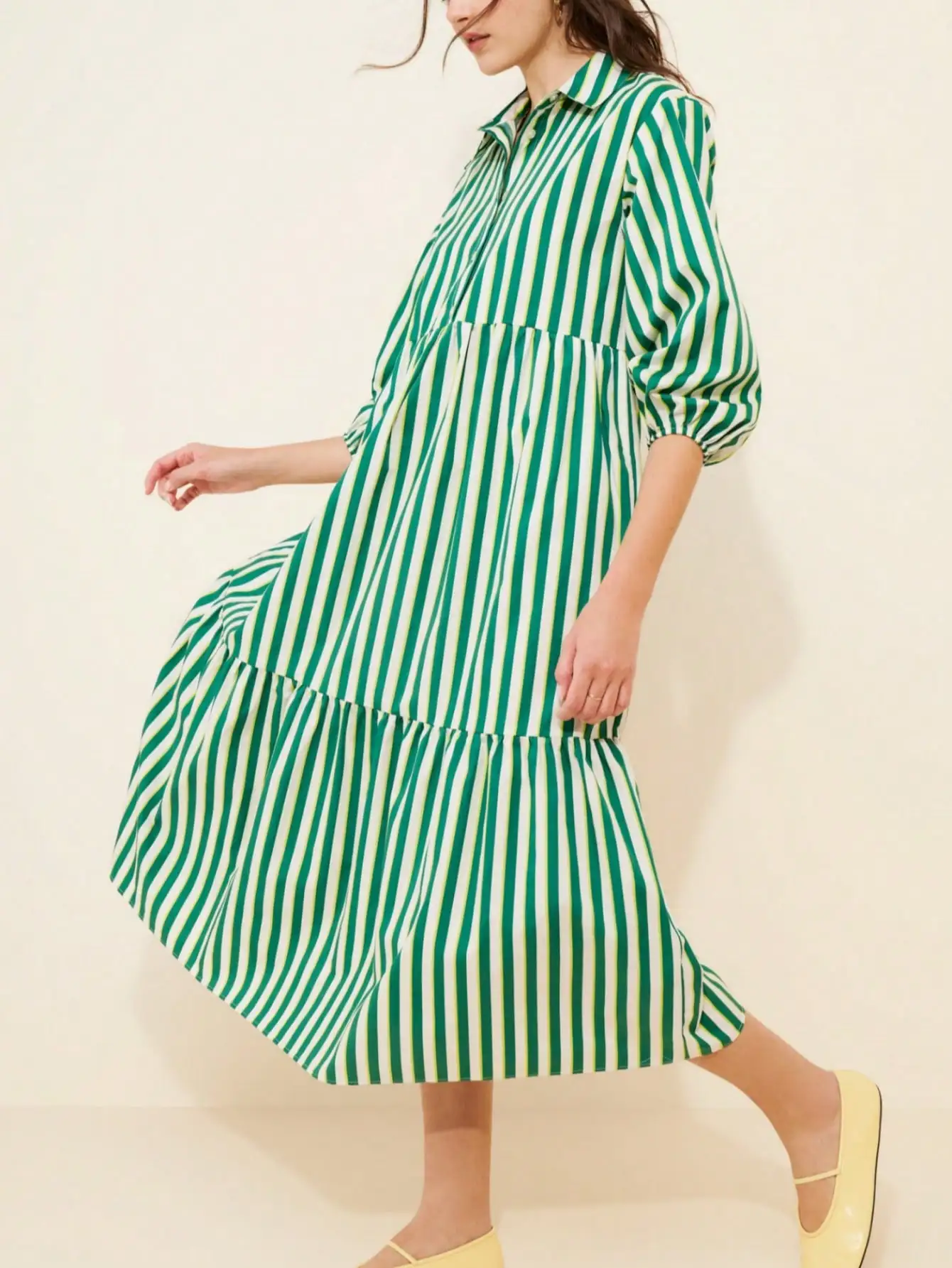 

Green and White Striped Tiered Shirt Dress with Puffed Sleeves