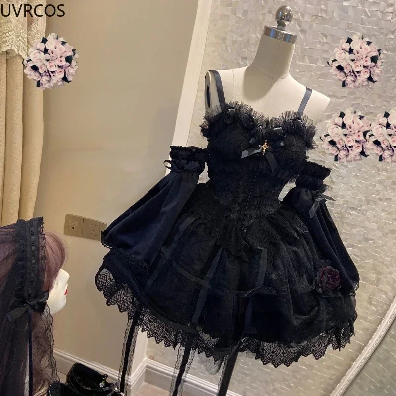 Japanese Victorian Gothic Lolita Dress Vintage Girl Sweet Lace Rose Princess Holiday Party Dresses Women Dark Cosplay Slip Dress