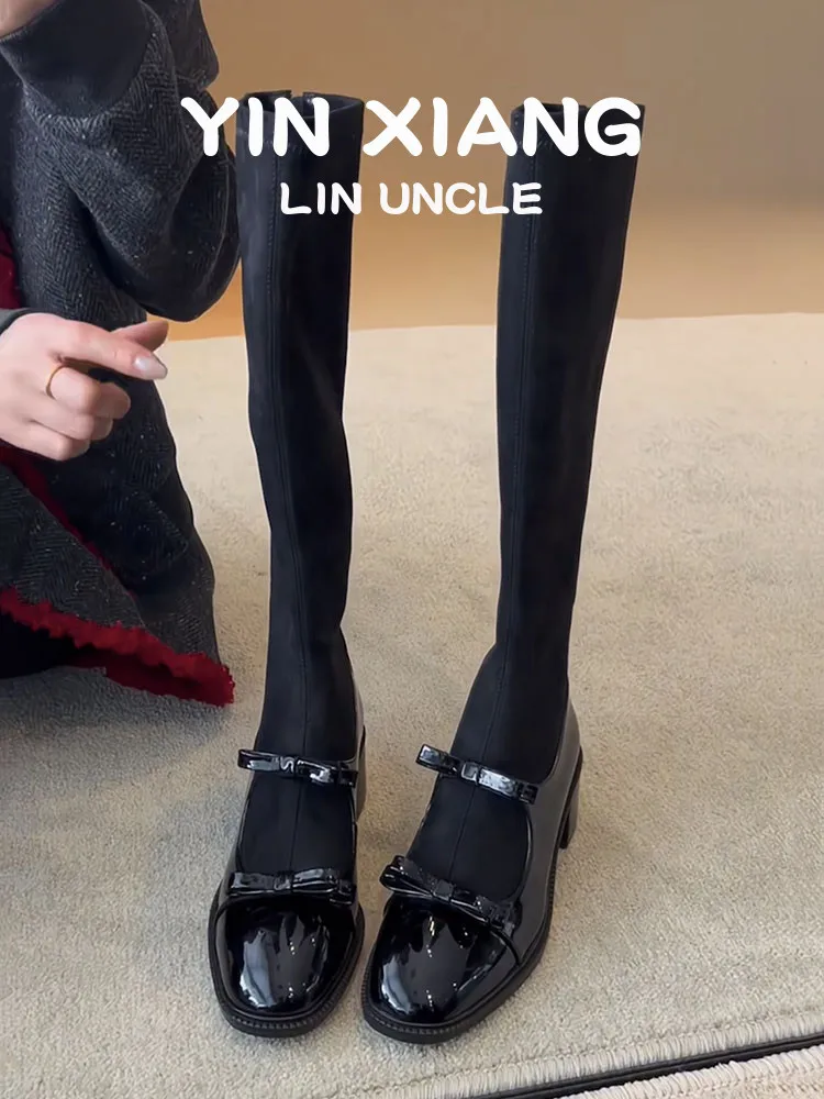 

Retro Leather Elastic Slim Boots Women's Knot High Tube Boots Knee High Boots Youth Casual round Toe Rubber Sole