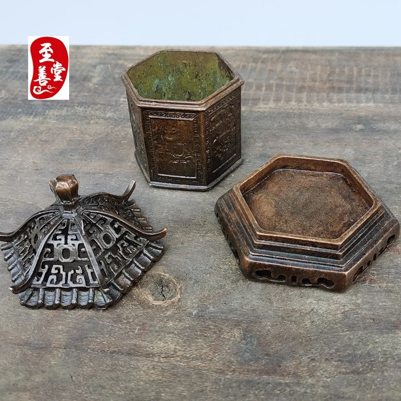 Antique Collection Old Patina Alloy Copper Living Room Decorative Ornament Pavilion Incense Burner 5x5x11CM