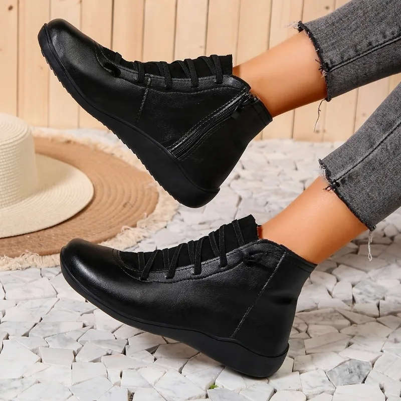 Winter New Women's Genuine Leather Flat Shoes Women's Retro Short Boots Fashion Matching Fur Women's Lace Up Boots 36-43