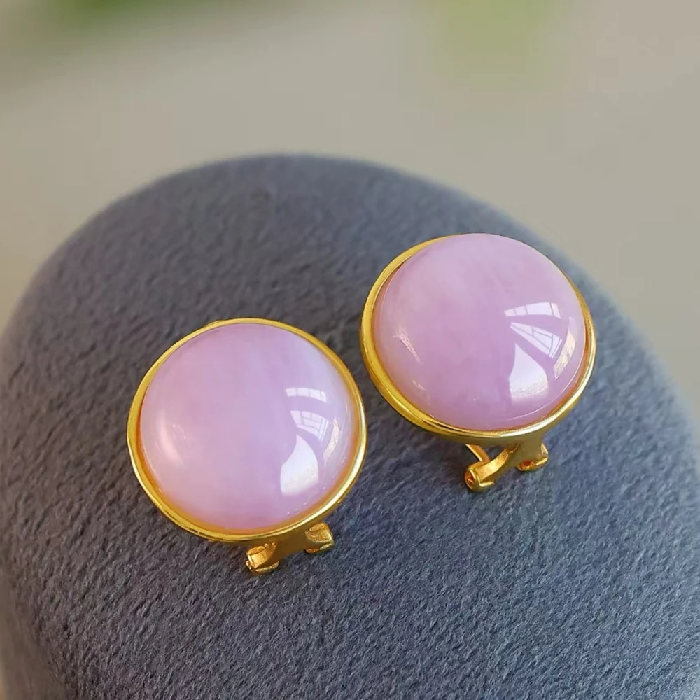

Real Natural Kunzite Earrings 925 Silver Gemstone Crystal Round 14mm Cat Eye for Women Lady Birthday Party Fine Jewelry Gift