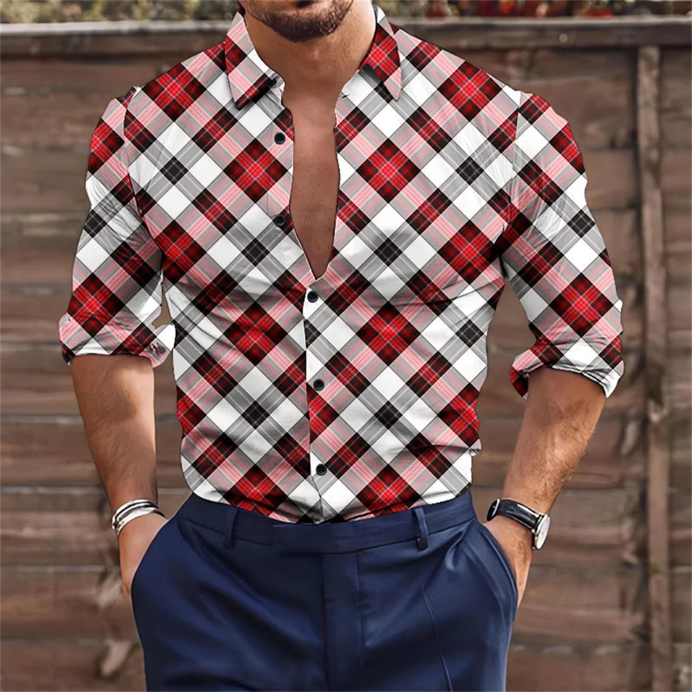 Camisa de fiesta de Navidad de año nuevo 2023 estampado a cuadros de moda masculino cómodo tejido suave blusa de manga larga