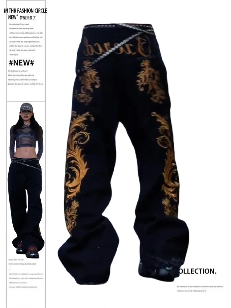 Celana Denim Wanita Musim Gugur Musim Dingin 2025 Jeans Longgar Gambar Cetak Jepang Pacar Y2K Jeans Bertumpuk Harajuku Grunge Potongan Sepatu Koboi
