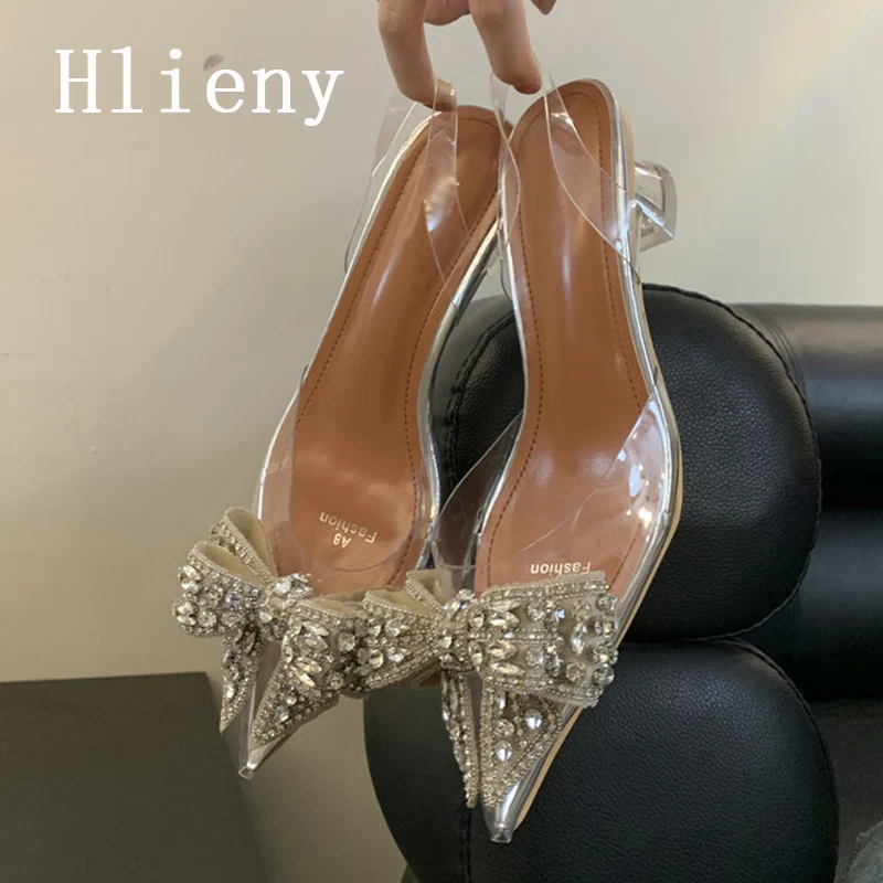 Hlieny-zapatos de tacón alto y bajo para mujer, sandalias transparentes de PVC, con lazo de cristal y punta estrecha plateada, y boda para fiesta,