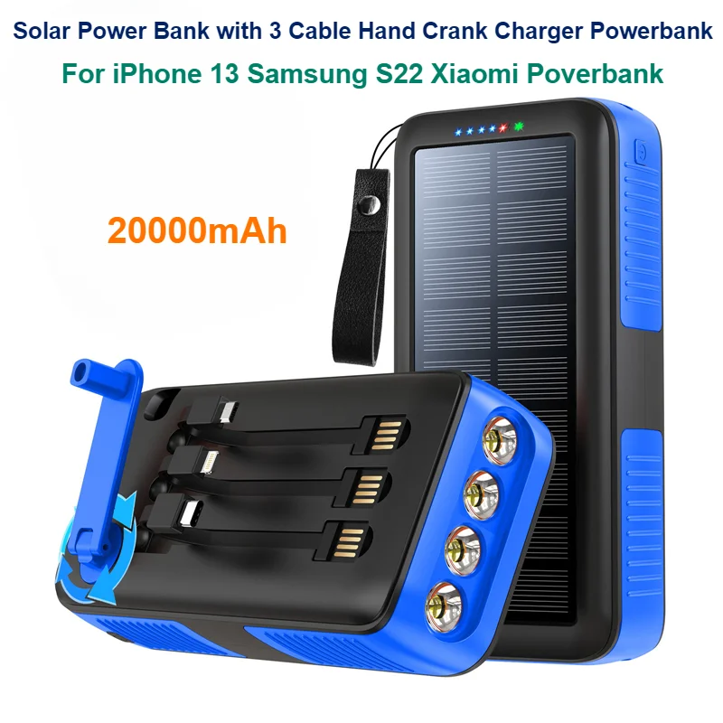 For iPhone 13 Samsung S22 Xiaomi Poverbank 20000mAh Solar Power Bank with 3 Cable Hand Crank Charger Powerbank with Flashlight