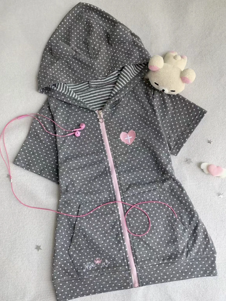 Japanese Kawaii Sweet Polka Dot Short Sleeve T-Shirts Women Summer Hepburn Casual Vintage Spicy Girl Zipper Hooded Cardigan