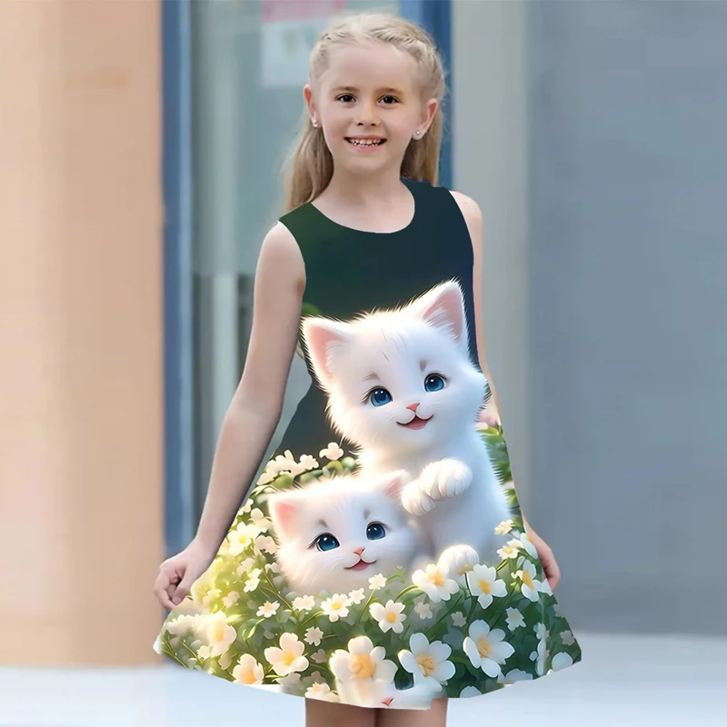 Robe d'été pour filles, vêtements décontractés, col rond, imprimé chat 3D, tenue princesse pour enfants de 2 à 8 ans, collection 2024