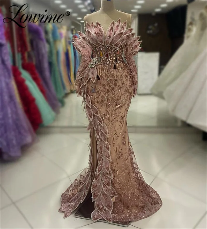 Luxury Crystal Beaded Long Prom Dress Split Side Evening Gowns 2024 Custom Made Long Sleeves Women Mermaid Plus Size Party Dress