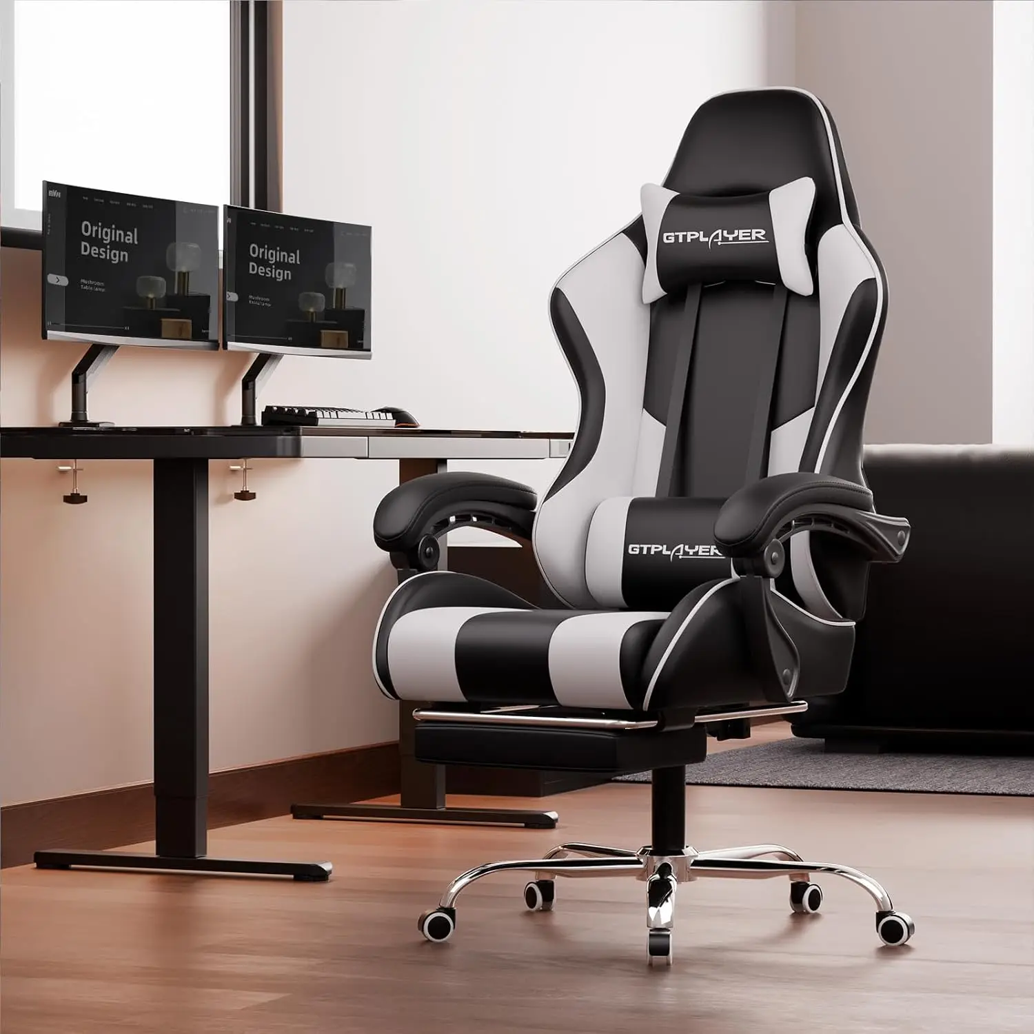 Gaming Chair with Footrest and Lumbar Support, Height Adjustable Swivel Seat for Office or Home
