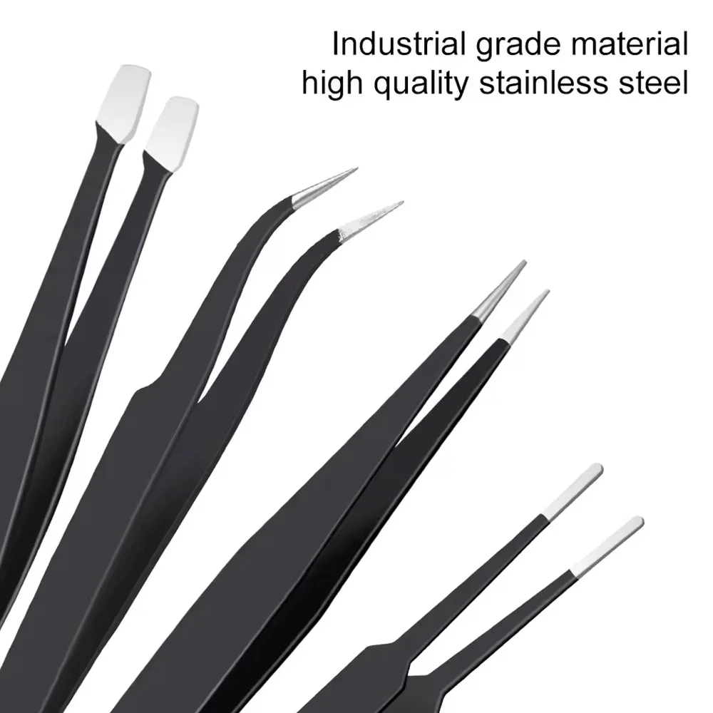 10Pcs/Set Precision Anti-Static Curved & Straight Tweezers Stainless Steel ESD Industrial Repair Tool Kit Electronic Components